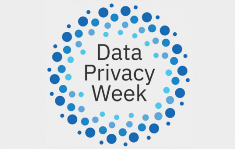 The text "Data Privacy Week", surrounded by concentric rings of small circles in various shades of blue.